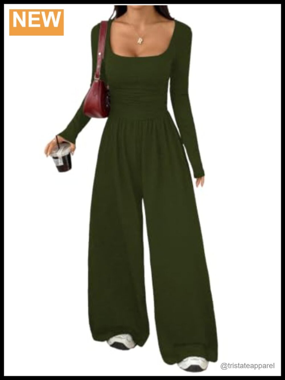 Women's Square Neck Wide Leg Jumpsuit Long Sleeve Casual Romper